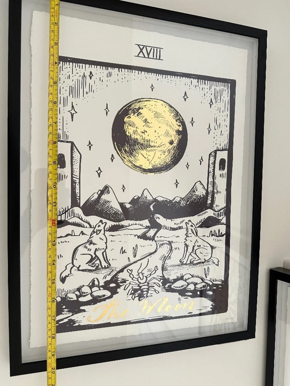 Framed “The Moon” Tarot Card Black and White Art Print with Gold Foil Accents